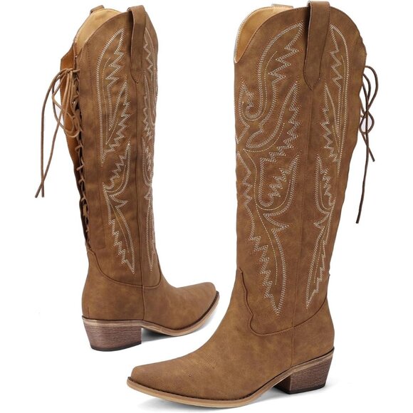 ⚡Women's Brown Embroidered Wide Calf Boots With Back Lace Up Chunky Block Heel - Picture 5 of 6